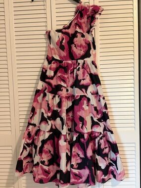 MELLODAY One-Shoulder Pink Black White Floral Tiered Dress